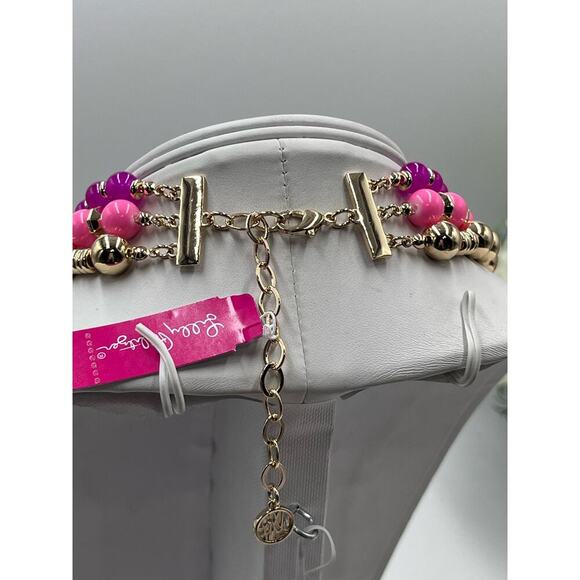 Lilly Pulitzer Triple Strand PINK Beaded GOLD HEART CHARM Love Necklace New - Picture 12 of 13